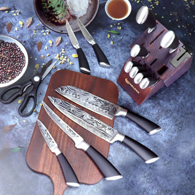 Japanese‑Inspired 15‑Piece Knife Block Set with Built‑in Sharpener, 6 Steak Knives, Professional Self‑Sharpening Damascus‑Style German Stainless Steel, Ideal for Housewarming and Wedding Gifts
