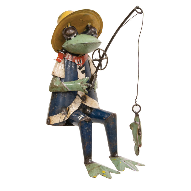 Grenouille Louis en métal recyclé avec canne à pêche