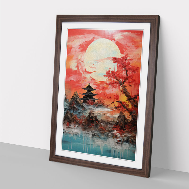 Japanese Sunset Gestural Art - Framed Print, 46cm H x 34cm W x 2cm D, Walnut Framed