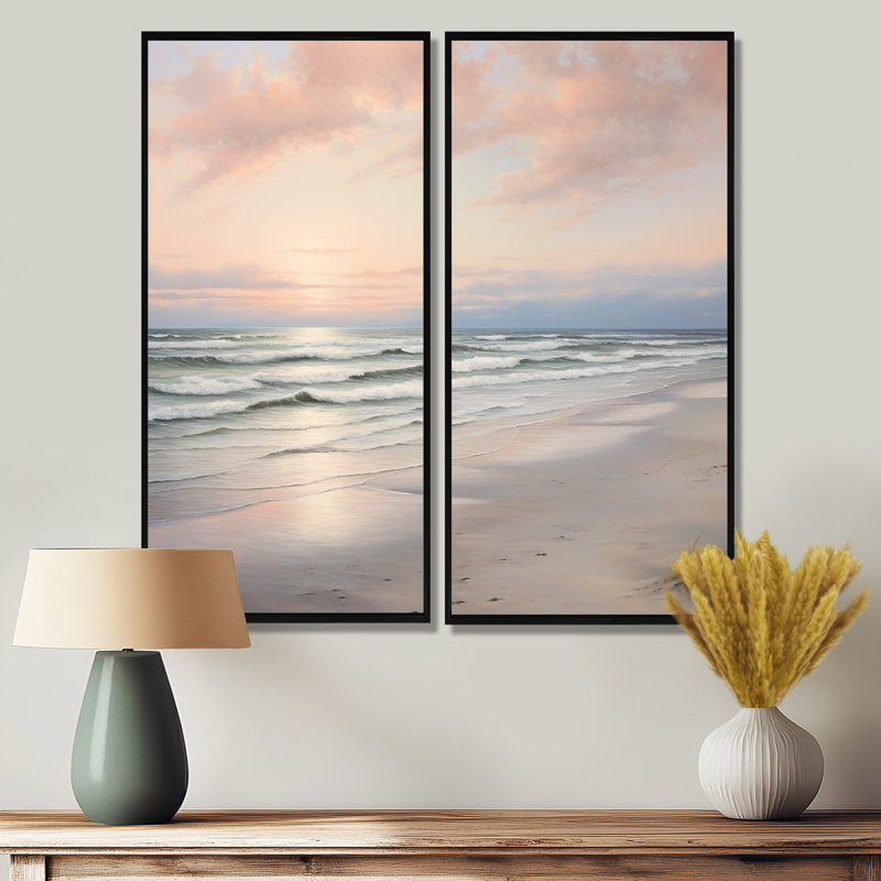 Plage sereine douce rose pastel lever de soleil - impressions sur toile côtières, H 32 po x l 32 po, Noir