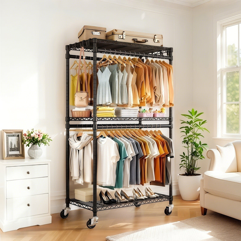 Noeleen Rolling Clothes Rack with Adjustable Shelves & Side Hooks
