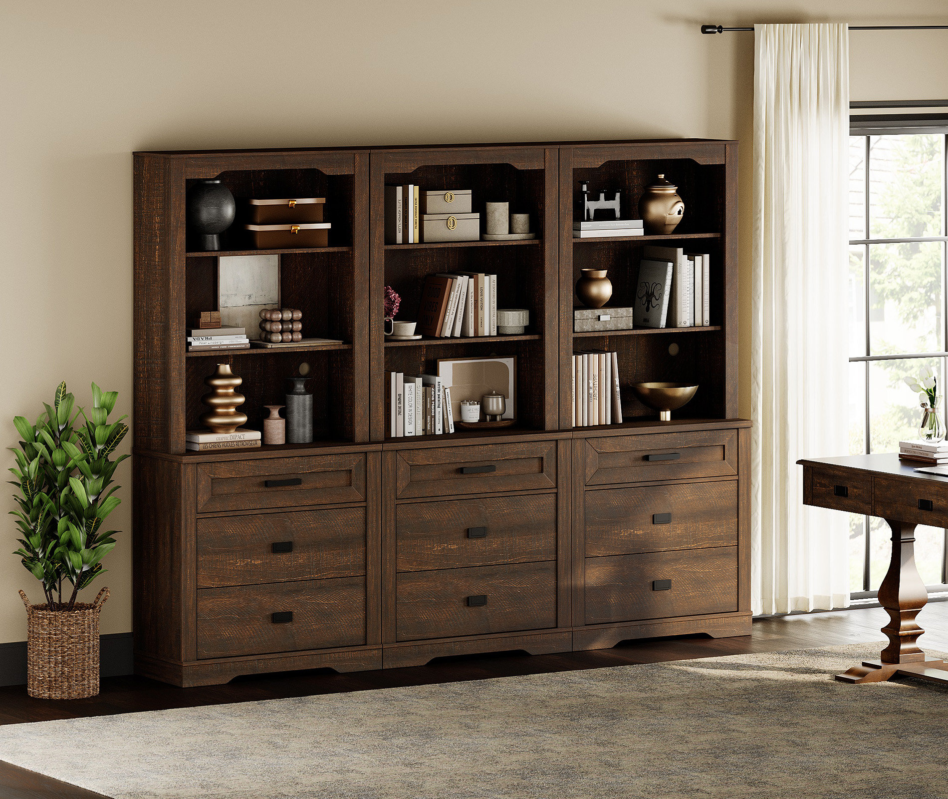 WAMPAT 3 Column 3 Tier Bookcase With Drawer,73.3