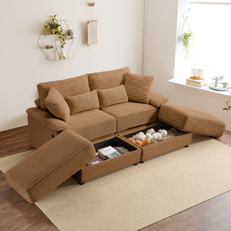 74" Modular Sleeper Sectional Sofa, Corduroy Upholstered Cloud Couch Sectional Sofa with Wood Table Top, Brown, Brown