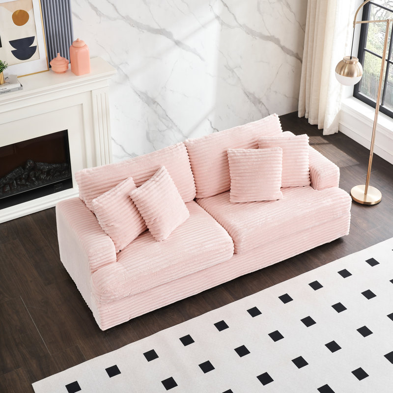 Comfortable Corduroy Sofa with Matching Pillows for Modern Living Room, Pink, 31" H 79.3" W X 34" D