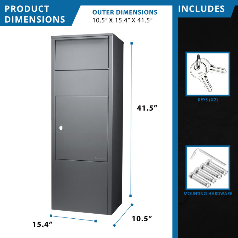 Boîte de rangement verrouillable pour porche - acier gris, fente de 13 po x 6 po, 10,5 po x 15,4 po x 41,5 po, 34 lb, réponses d'installation simples