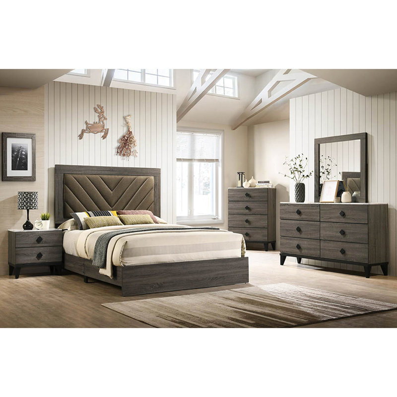 Grand lit rustique gris foncé en chêne, tissu d'ameublement, lit d'appoint en chêne, assemblage requis