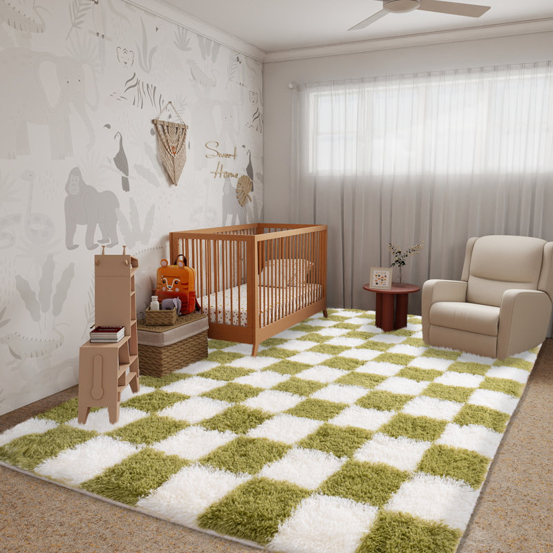 Checkered Fluffy Rug 5x7 Ft Washable Shaggy Fluffy Rug for Bedroom Living Room Plaid Runner Rug Fuzzy Shag Carpet Non-Slip for Kids Toddler Room Nursery Playroom