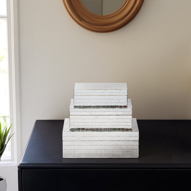 Set Of 3 6/7/9" Mosaic Boxes, Silver