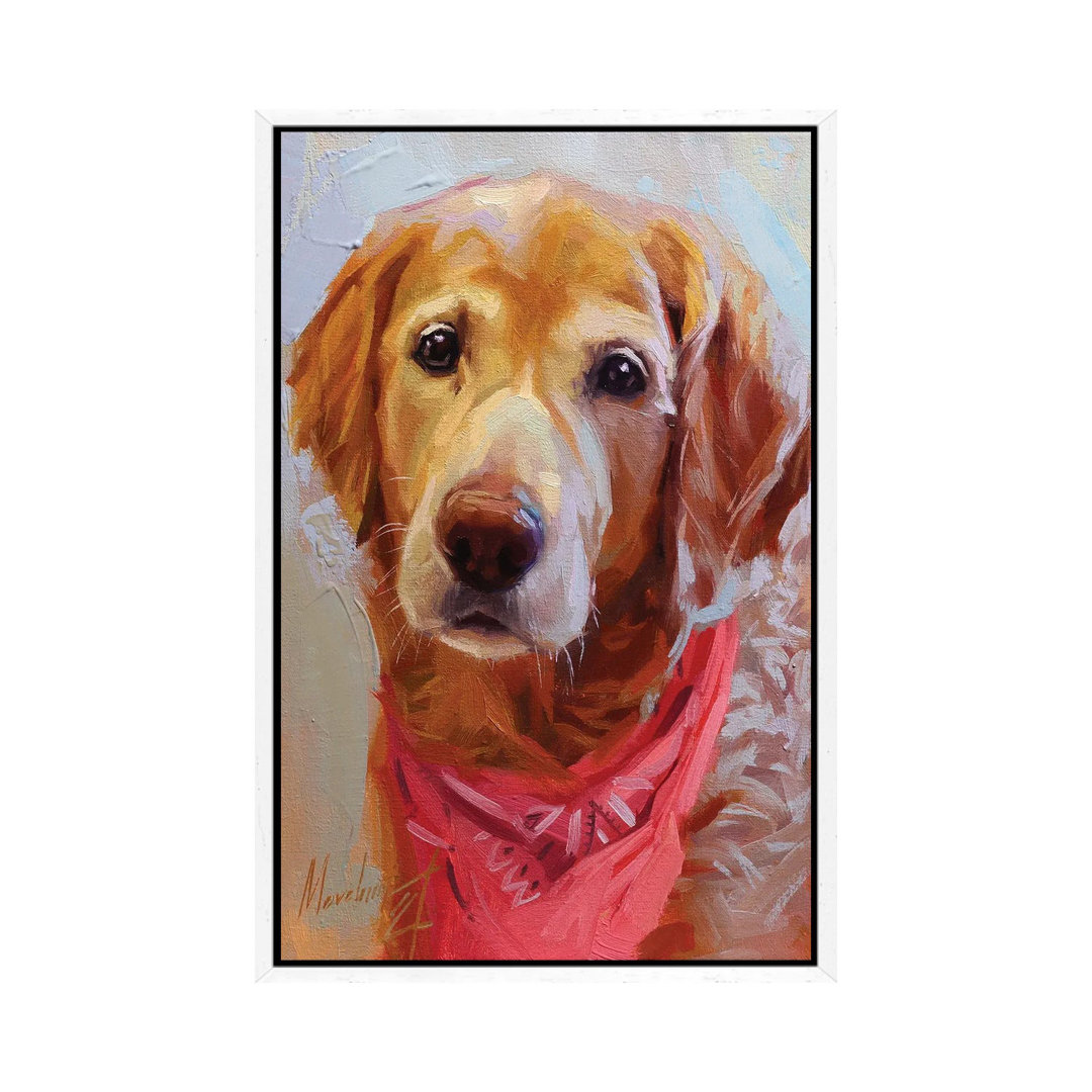 Gelber Labrador mit rosafarbenem Halstuch von Alex Movchun - Galerie-verpackte Leinwand Giclée auf Leinwand