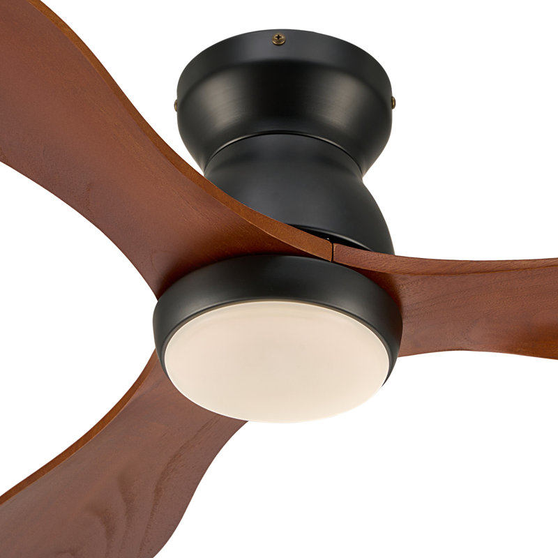 Ventilateur de plafond 42 po à 3 pales encastré moderne avec lumière et télécommande, Noir mat, Bois brun