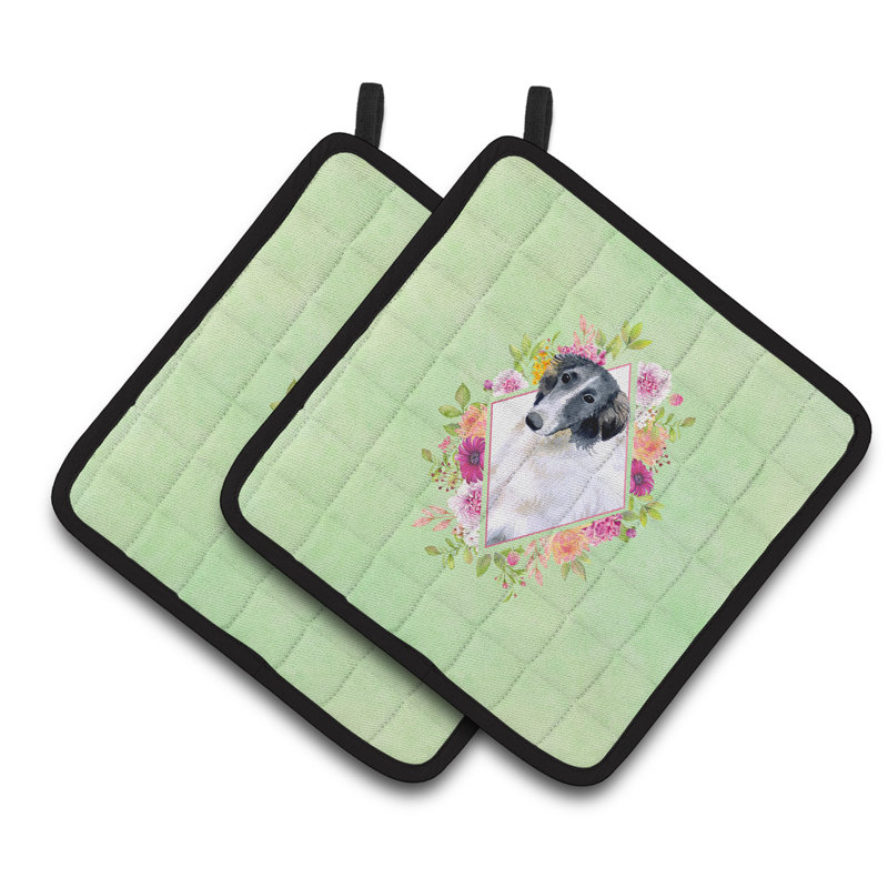 Ensemble de cuisinier poignée 2 pièces caroline trésors sheltie, Vert, Barzoï