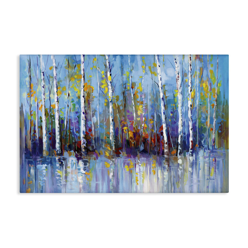 Art mural sur toile Vivid Birch Trees Reflection, design par Leon Devenice, H 16 po x l 24 po