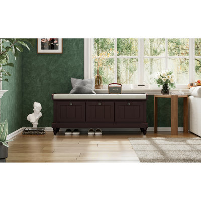 Banc à chaussures classique avec coussin et trois tiroirs, banc d'entrée cannelé avec rangement pour le salon, le vestibule et les couloirs (espresso), rangement pour chaussures