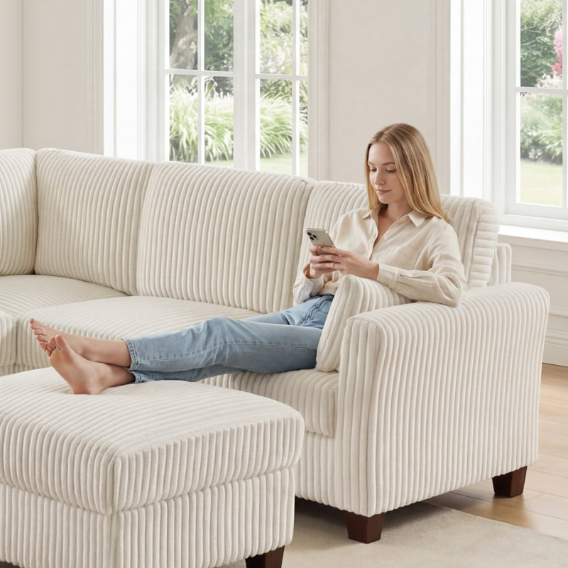 90.6In Corduroy L-Shape Sectional With Storage Ottoman, Beige Corduroy