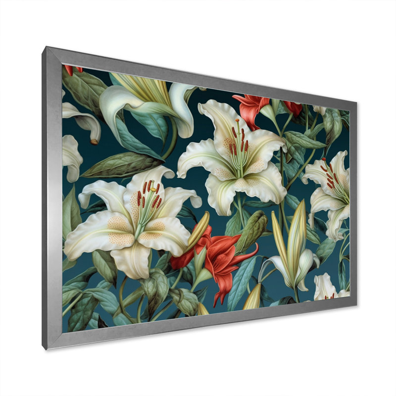«Cream Green Lily Impressions I», reproduction sur toile, H 34 po x l 44 po x P 1,5 po, Cadre simple argenté
