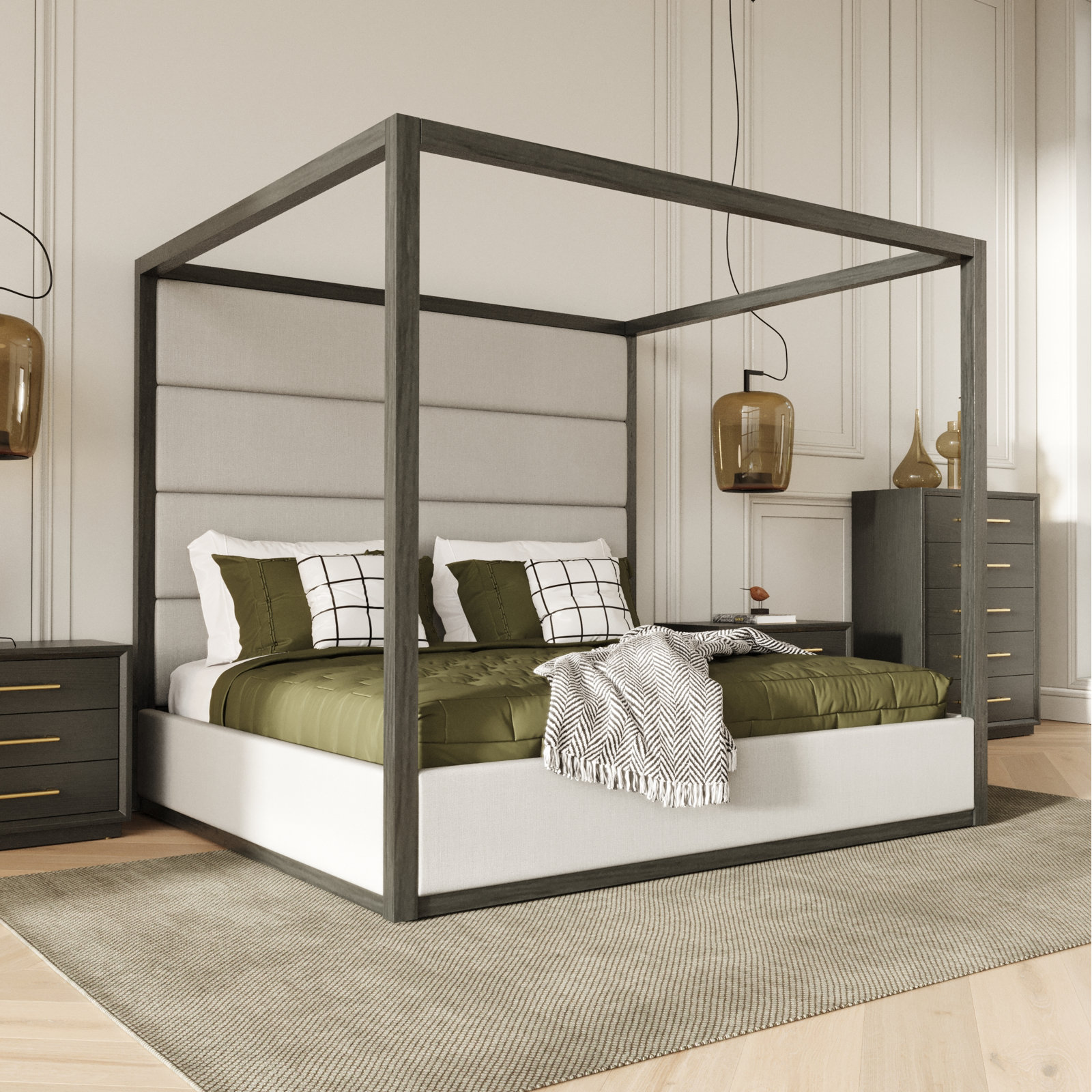 Langley Canopy Bed, Queen, Gray/Off-White