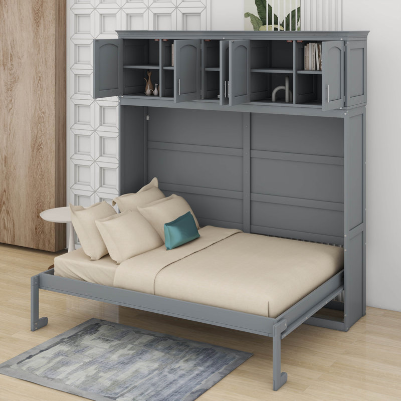 Grand lit escamotable avec armoires supérieures, Gris