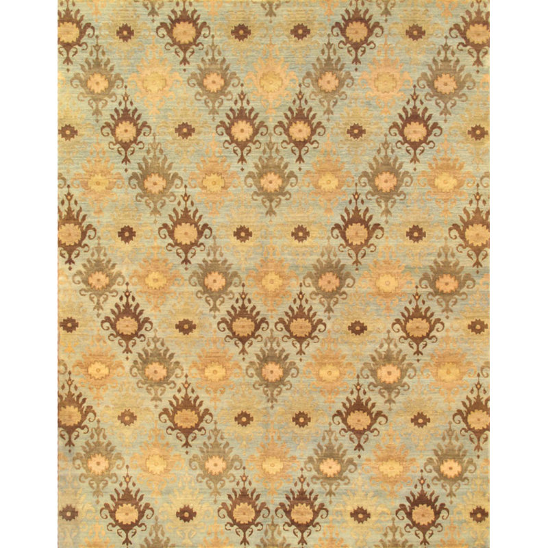Elegant Blue and Brown Hand-Knotted Wool 9' x 12' Area Rug