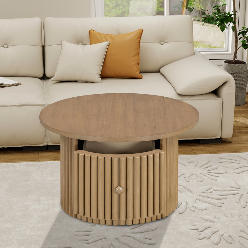 Round Farmhouse Coffee Table With A Drawer, Natural Wood