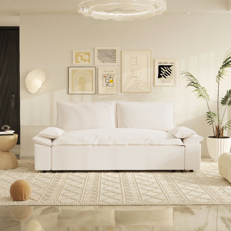 " queen pull out sofa bed | 3-in-1 convertible sleeper | 2 soft pillows | beige velvet | multi-functional design