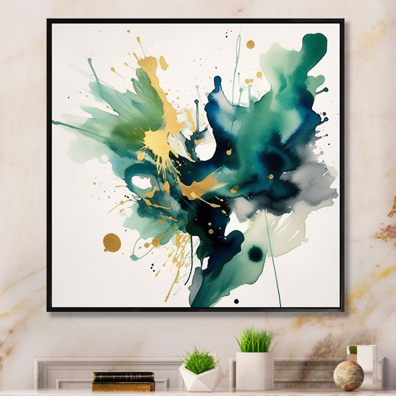 Bleu foncé, turquoise et or I, H 36 po x l 36 po x P 1,5 po, Cadre flottant noir