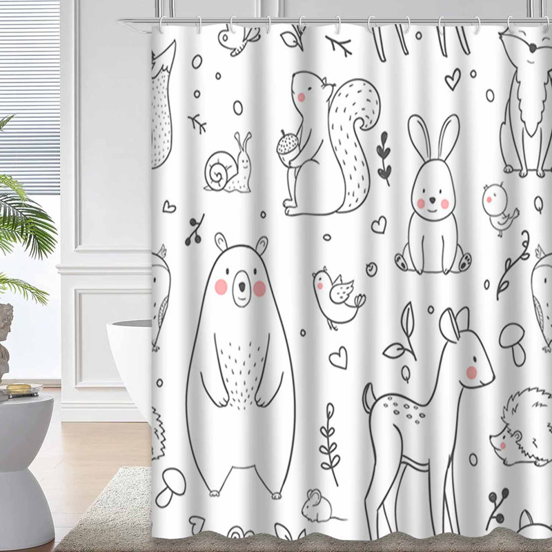 White Baby Forest Animals Black Doodle Shower Curtain with 12 Hooks, L 72 po x l 78 po