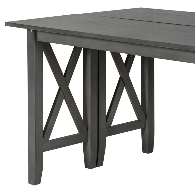 Table de salle à manger pliable en bois massif 6 de couleur grise, table, 4 chaises, banc, espace pour 6 culinaires Delight 6, bois gris, chaises et espace spacieux