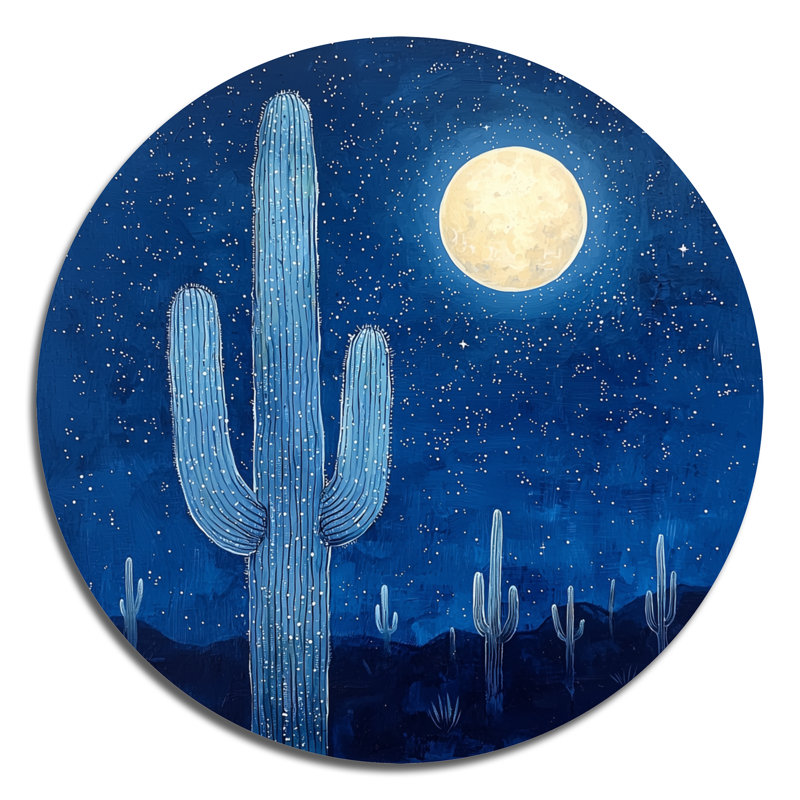 Saguaro cactus sous les étoiles II - Cactus rond, impression sur métal bleu traditionnel, H 36 po x l 36 po