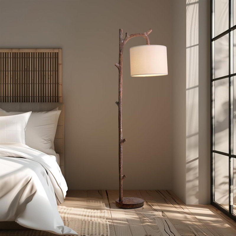 Lampe sur pied en bois de noyer rétro Farmhouse - Conception de tronc d'arbre rustique avec interrupteur au pied