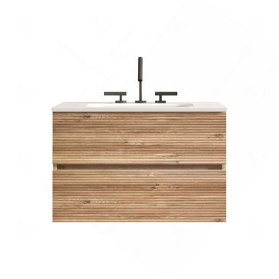 Meuble-lavabo mural 30 po en chêne brut et chêne brut avec lavabo intégré en céramique avec trop-plein, avec 3 trous