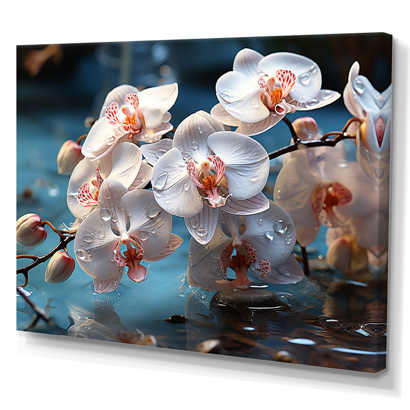 «Aquamarine Orchids Sway By A Tranquil Pond I», reproduction sur toile, Toile tendue, H 24 po x l 32 po x P 1 po