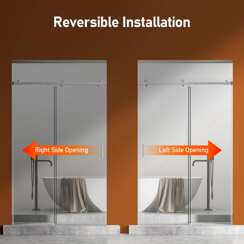 46"-48" W X 76" H Frameless Single Sliding Shower Door,  5/16" (8Mm) Thickened Upgrade Tempered Glass Door, Smooth Roller Stainless Steel Hardware, Reversible Mounted Modern Bathroom Enclosure