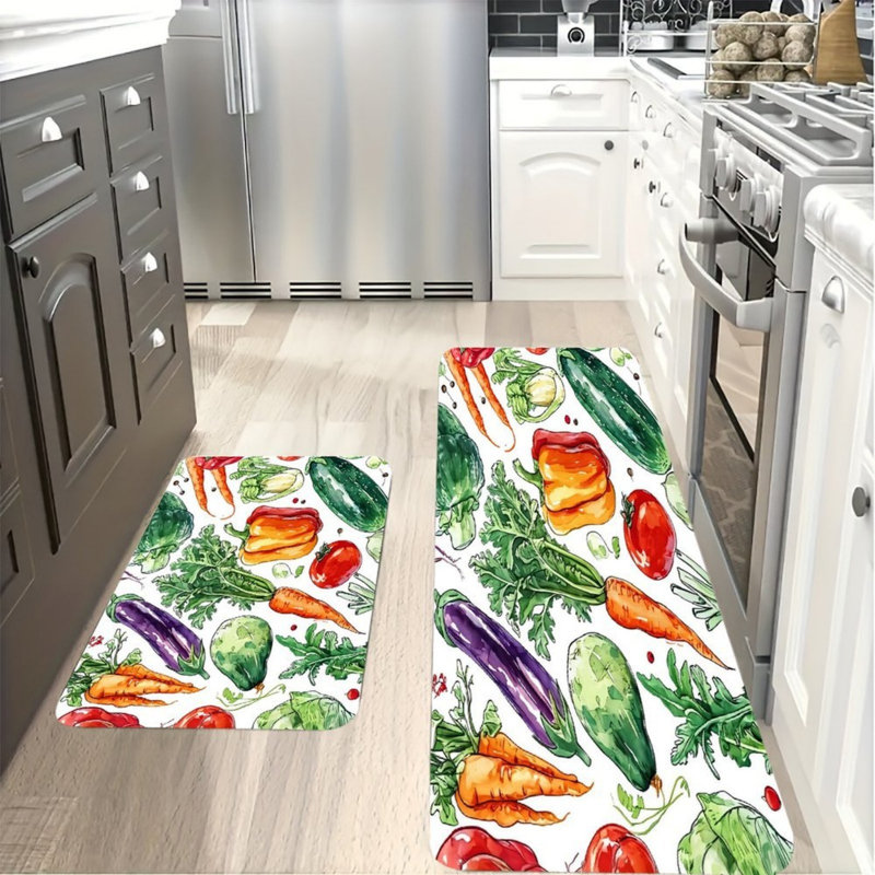 Watercolor Vegetable Kitchen Mats for Kitchen Pantry, 2 Pack, Multi
