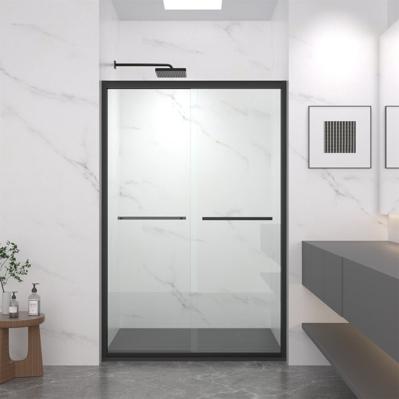 44-48-inch Matte Black Aluminum Frame Double Sliding Shower Door, Matte Black