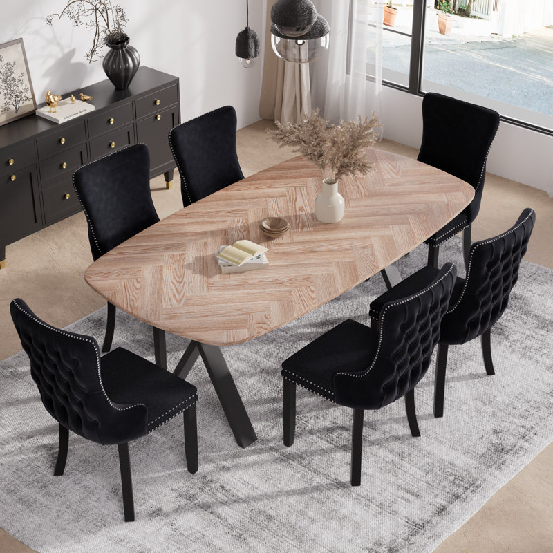 Rectangle Dining Set with Velvet Dining Chair, Black/Black