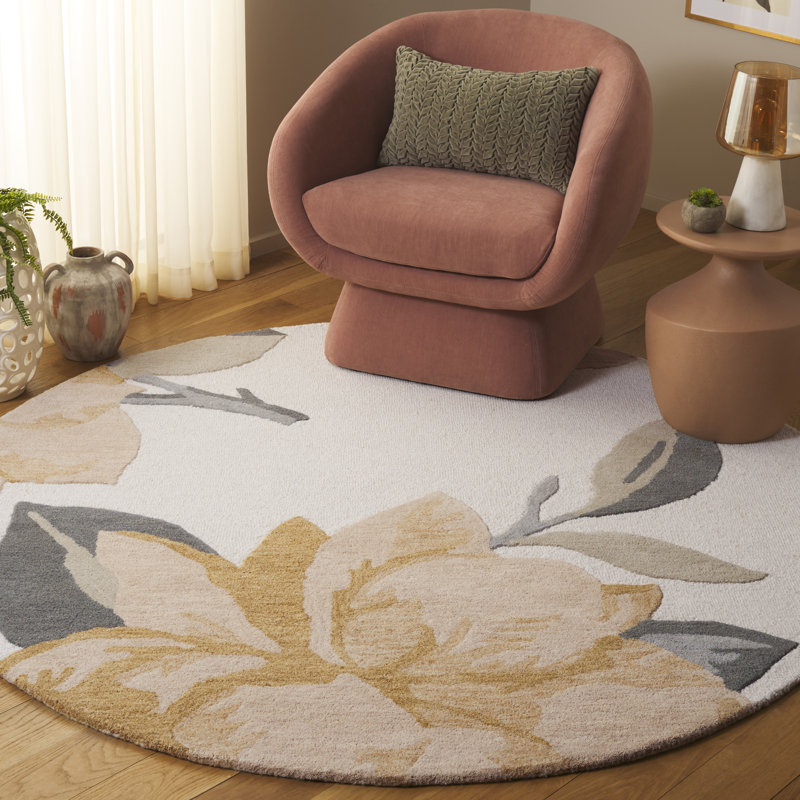 Jardin 403 Hand Tufted Wool/Cotton Floral Rug in Ivory/Beige, Round 6'