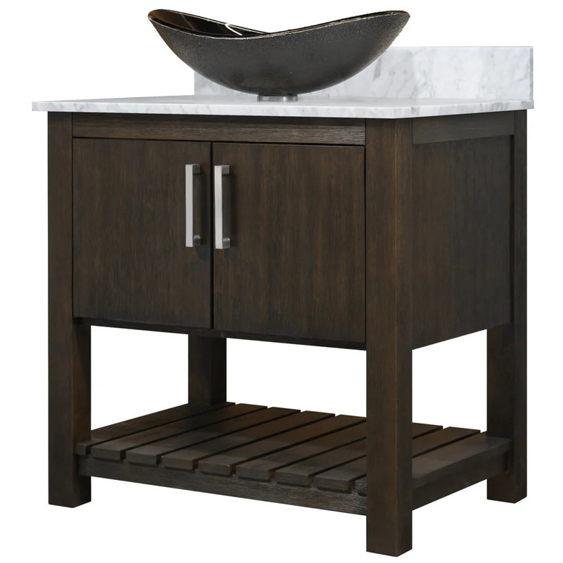 Meuble-lavabo 36 po avec comptoir et lavabo en marbre de Carrare, quincaillerie chromée et miroir, Chrome