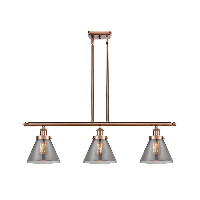 Luminaire suspendu linéaire à 3 lumières pour îlot de cuisine Arriaga, Plaqué couleur fumée, Cuivre antique