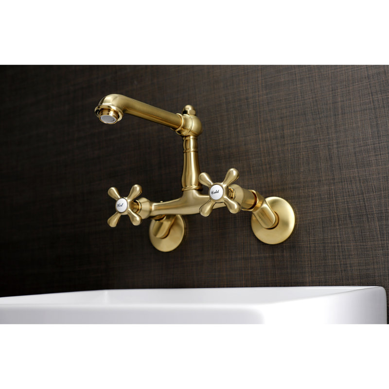 Kingston Brass English Country Double-Handle 2-Hole Wall-Mount Bridge Kitchen Faucet, Brushed Brass