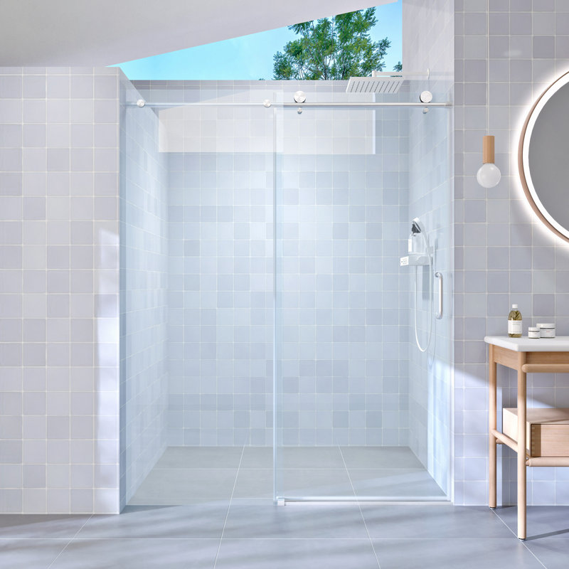 56" - 60" W X 76" H Single Sliding Shower Door, Frameless Bathroom Sliding Door With 1/4" (6Mm) Tempered Glass For Walk-In Shower
