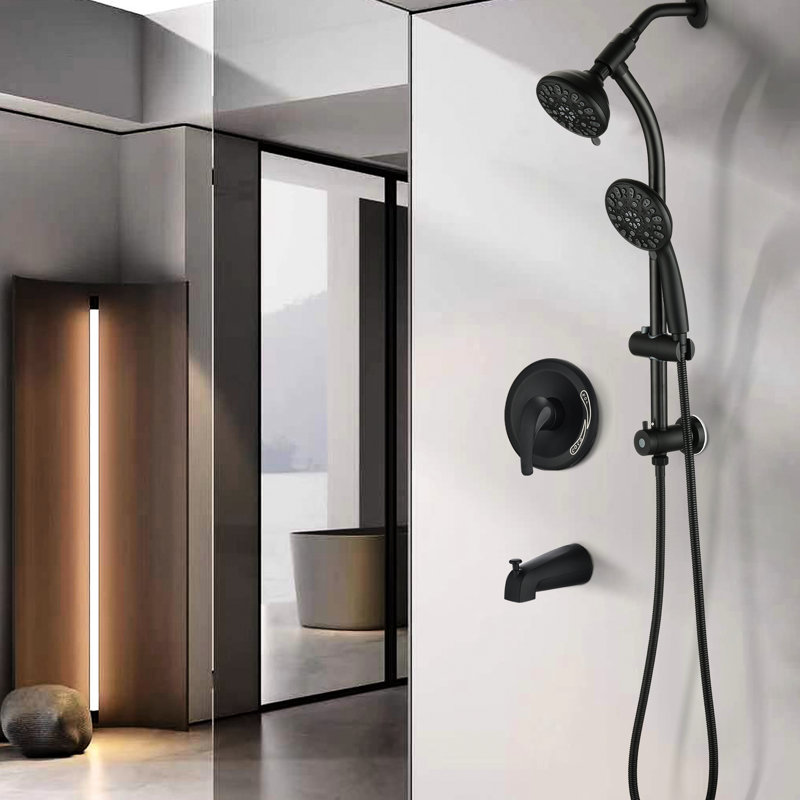 Stainless Steel Slide Bar Shower, Dual Heads, Matte Black, 7 Settings, 1.8 Gpm Flow, Hose Shower With Drill- Steel, Rain / Fog Option