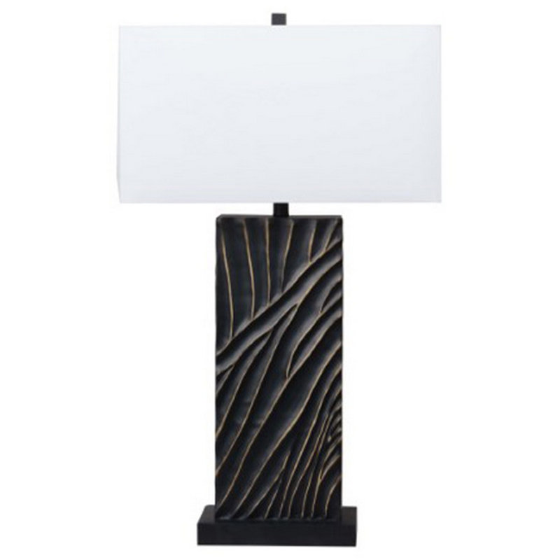 Len Table Lamp, White Rectangular Shade, Unique Lined Design Black Pedestal