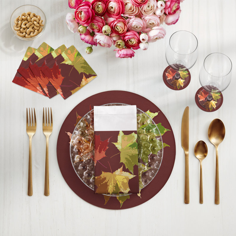 Autumn Leaves Vegan Leather Round Pebble Placemat, Porto