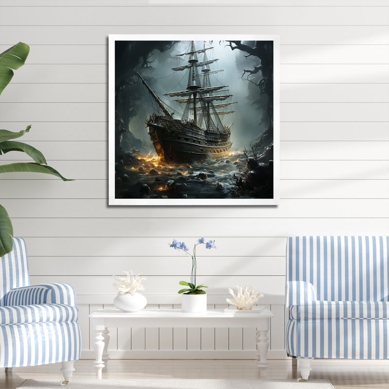 Naufrage pirate 2 - art mural pirate, Cadre simple blanc, H 16 po x l 16 po x P 1 po