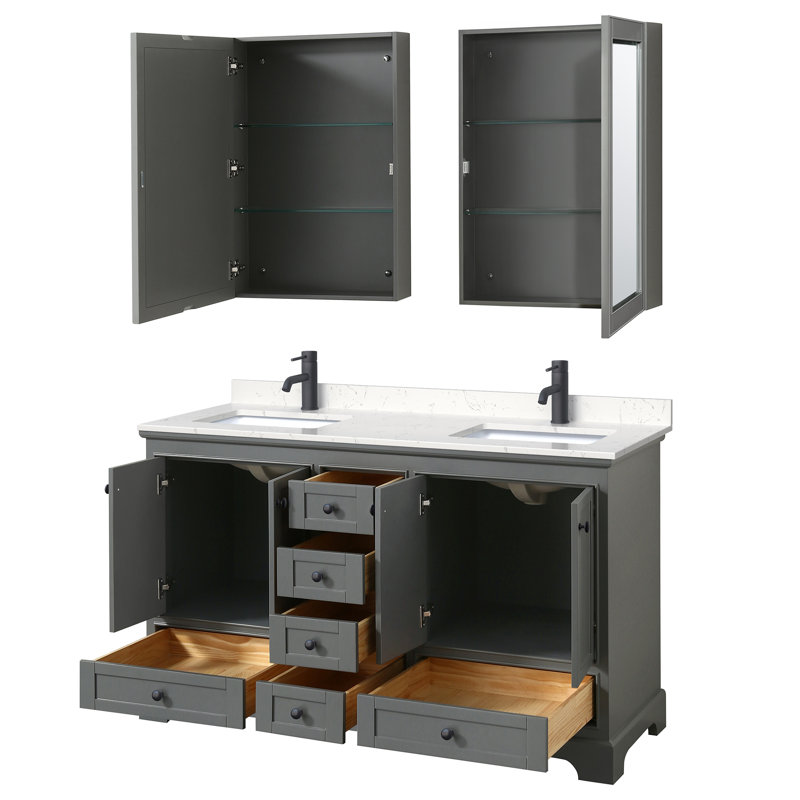 Ensemble de meuble-lavabo double 60 "avec miroir Deborah, Marbre de culture de Carrare, Gris foncé, Chrome poli
