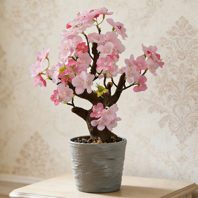 17" Artificial Pink Cherry Blossom Tree With Lifelike Flowers, Faux Bonsai Tree In Decorative Pot