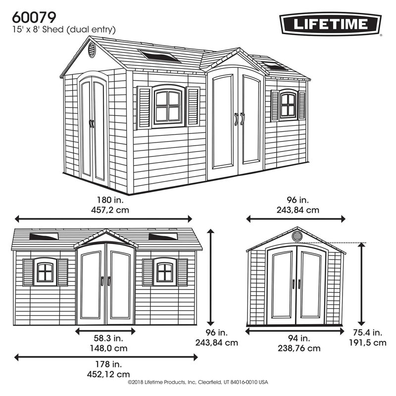 Remise de rangement extérieure Lifetime, 15 pi x 8 pi, avec entrée latérale double