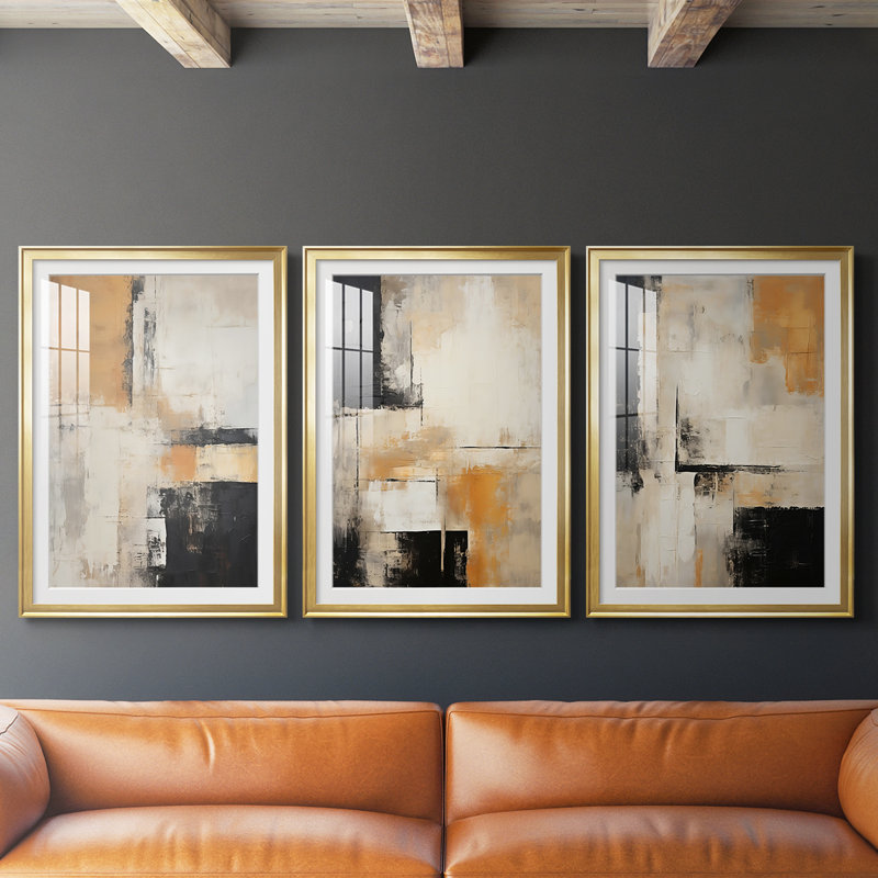 ABSTRACT Series CECLXX - Impression encadrée sur mesure de qualité supérieure - 3 pièces, H 21 po x l 30 po, Doré