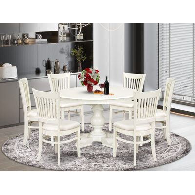 Ensemble de table de salle à manger 7 pièces composé d'une table de salle à manger avec rallonge et base piédestal, 6 chaises rembourrées en tissu de lin à dossier en lattes, 48 po x 66 po, finition lin blanc