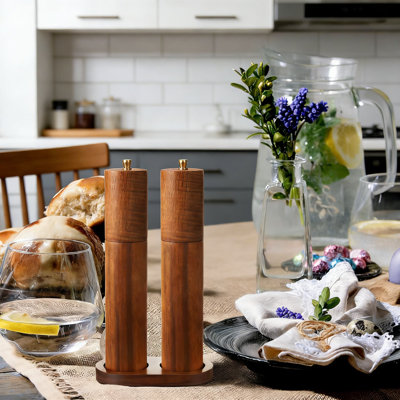 Ensemble manuel de moulins à sel et à poivre avec plateau - Meulage réglable en céramique, moulins à bois d'acacia faciles à remplir pour la cuisine
